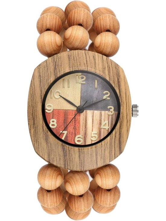 Accessories - Women's khaki Analog Quartz Buddhist Beaded Bracelet Elastic Wrist Wooden Watch